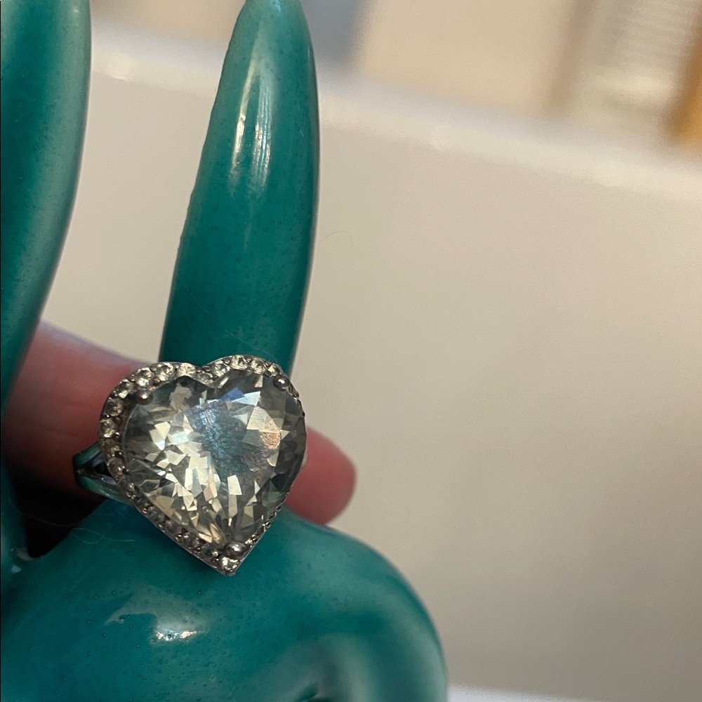 Heart-Shaped green amethyst Silver Ring with diamond  Accents